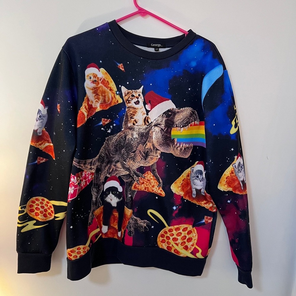 George Men's L/G Ugly Christmas Sweatshirt T-Rex Cats Pizza Galaxy Rainbow